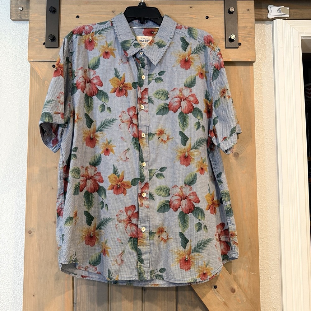 Authentic True Grit California Hawaiian Shirt Mens XL Blue Floral Hibiscus SS